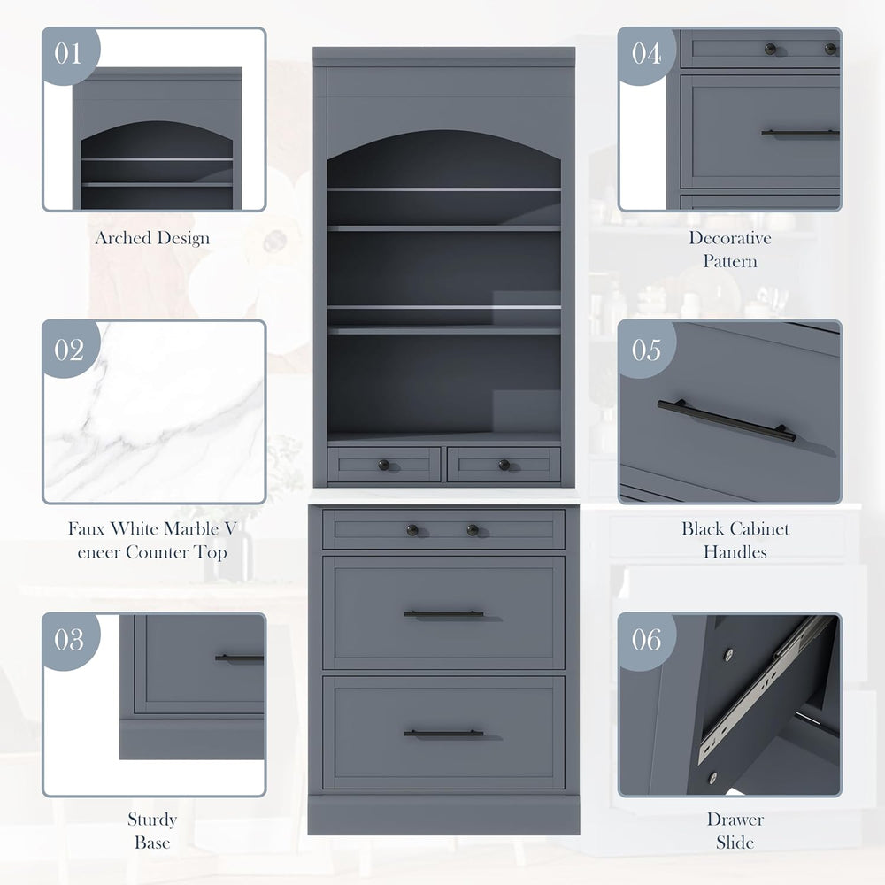Freestanding Kitchen Pantry with 5 Dawers, 2 Shelves, Faux Marble Top, Rectan...