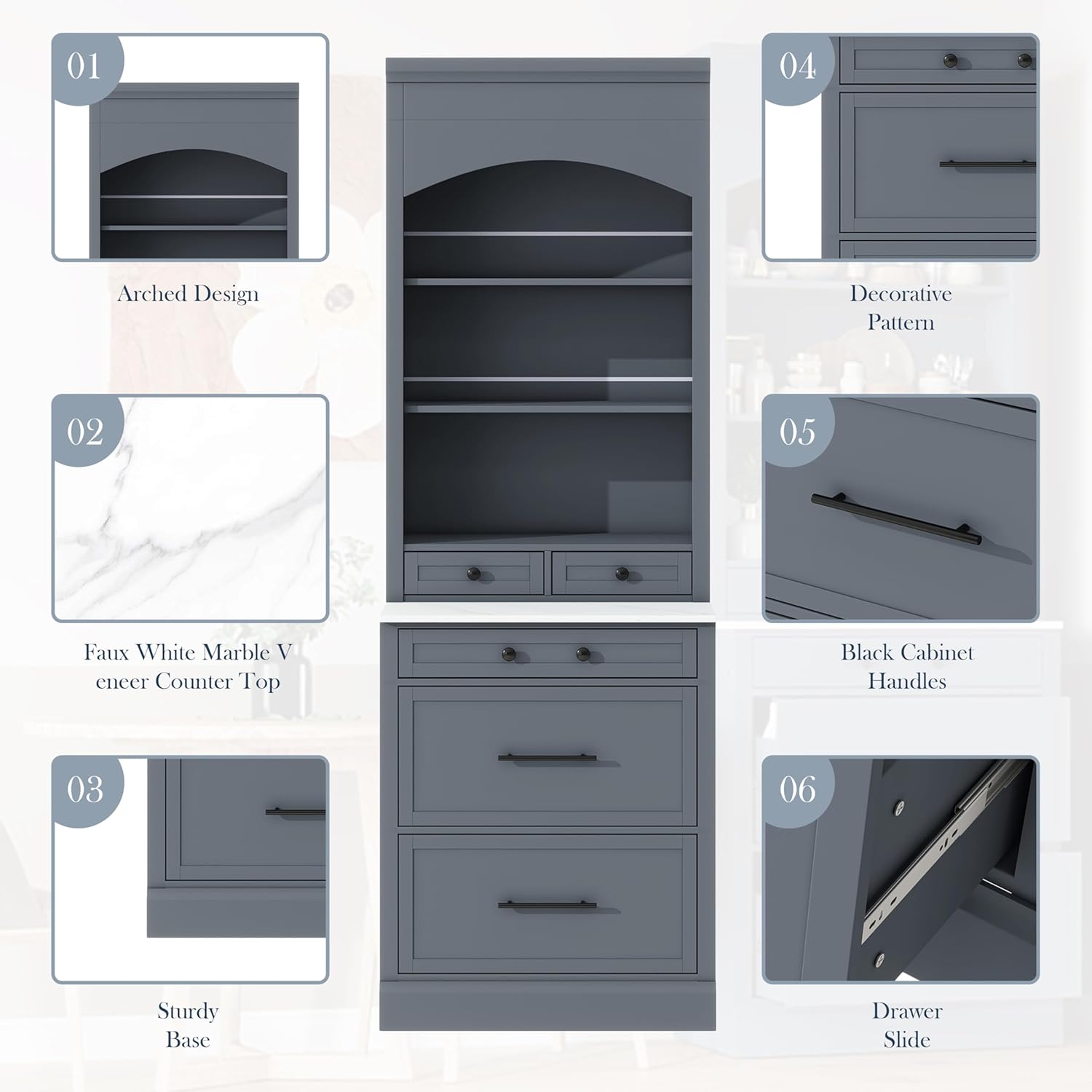 Freestanding Kitchen Pantry with 5 Dawers, 2 Shelves, Faux Marble Top, Rectangular Storage Cabinet, Modern, for Living Room, Dining Room, Blue