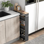 LOKO Slim Storage Cart, 4-Tier Rolling Cart with Handle & Wooden Top for Kitchen Bathroom Laundry Living Room Narrow Small Spaces, 5 Inches Width (Grey & Natural)