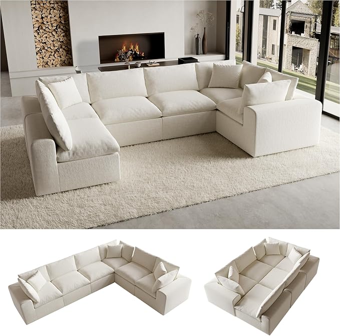 130" Oversized Boneless Cloud Couch, Modular Sectional Couches for Living Room, U Shaped with Deep Seats, No Assembly Required, 6 Seater Washable Fabric Sleeper Sofa, White