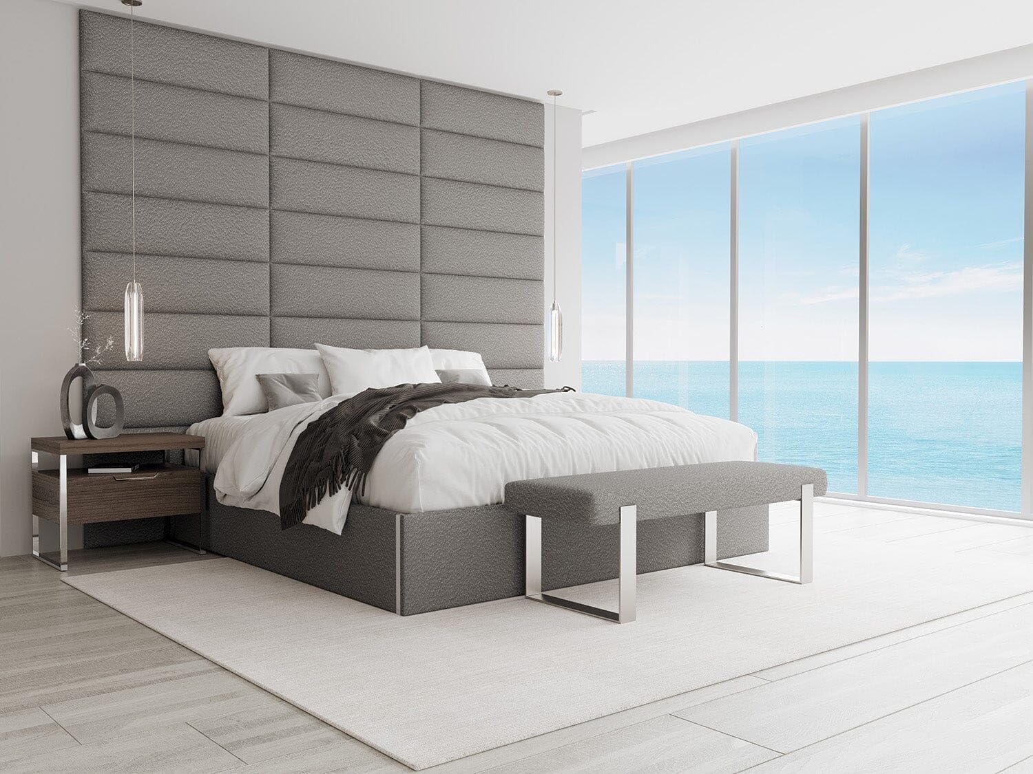 VANT Upholstered Bed Bench, Boucle Grey, Matte Black