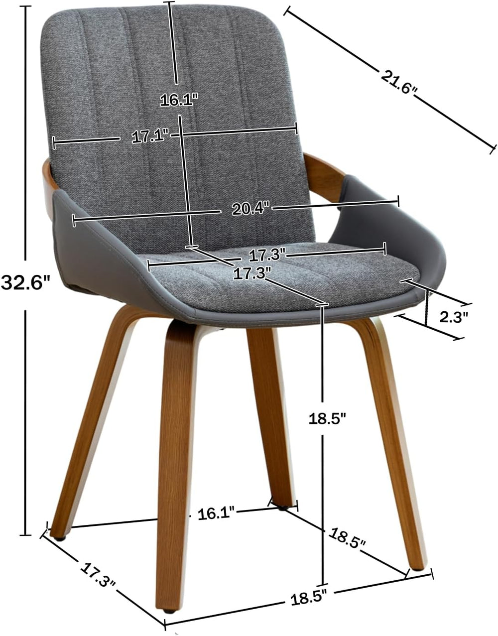 Dining Room Chairs Set of 4, Mid Century Modern Gray Fabric+Faux Leather Kitc...