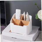 Remote Control Holder, Wood and Plastic Remote Control Holder with 4 Compartments, Multifunctional Desk Storage Organizer Box