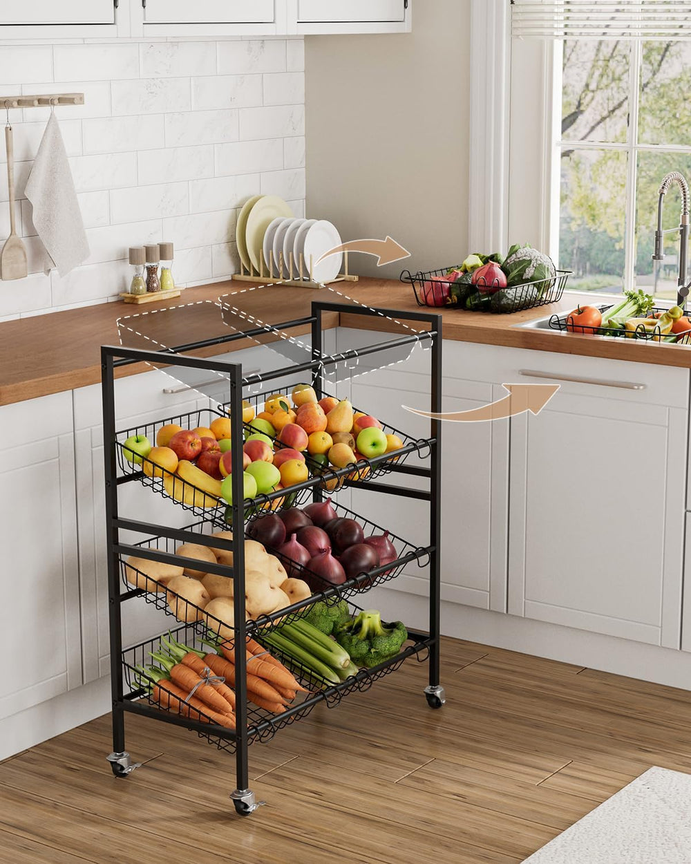 Evermagin 25.2" W Kitchen Storage Cart, 4-Tier Snack Cart with Wheels | ...