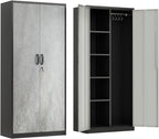 VINGLI Metal Storage Cabinet with Hanging Rod, 4 Adjustable Shelves, Lock Doors with Modern Gray Pattern Design, Armoire Wardrobe Closet Tool Functional Cabinet for Home, Office, Garage (Gray & Black)