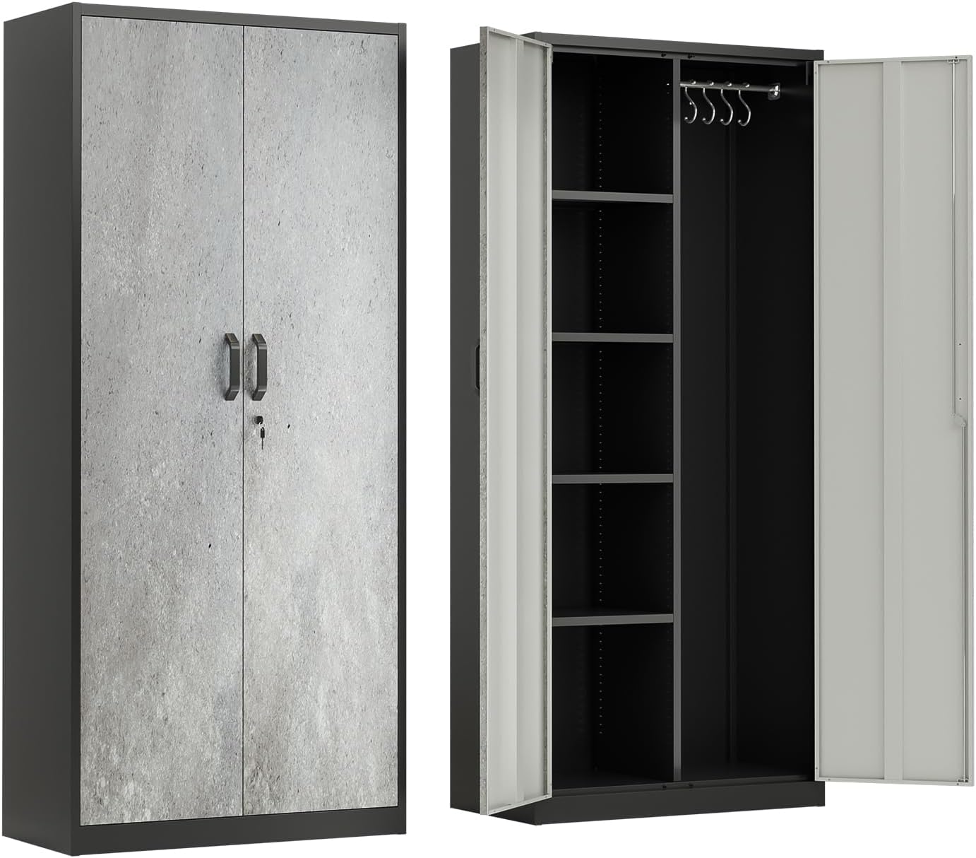 VINGLI Metal Storage Cabinet with Hanging Rod, 4 Adjustable Shelves, Lock Doors with Modern Gray Pattern Design, Armoire Wardrobe Closet Tool Functional Cabinet for Home, Office, Garage (Gray & Black)
