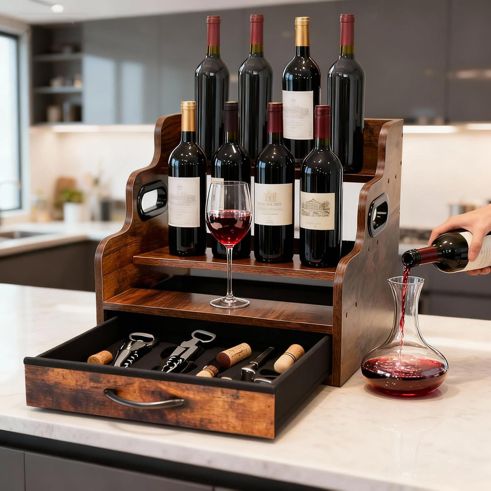 Liquor Bottle Display Shelf 3 Floors with Drawers | Countertop Wine Rack, Acc...