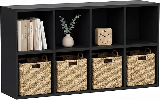 YESHOMY Modern TV Stand for Televisions up to 55 Inch, Mid Century Entertainment Center with 8 Open Shelves for 32/43/50/55 Inchs TVs, Media Console with Adjustable Shelves for Living Room, Black