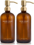 Vine Creations Amber Glass Soap Dispenser Set, Dish Soap and Hand Soap Dispenser Set with Stainless Steel Pump, 16 oz Glass Dispensers for Kitchen or Bathroom Decor (Amber Bottle/Brushed Brass Pump)