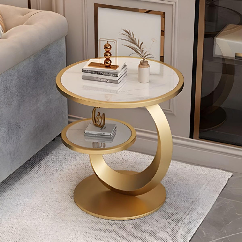 Round Stone Top Side Table with Storage Shelf - Modern End Table for Living R...