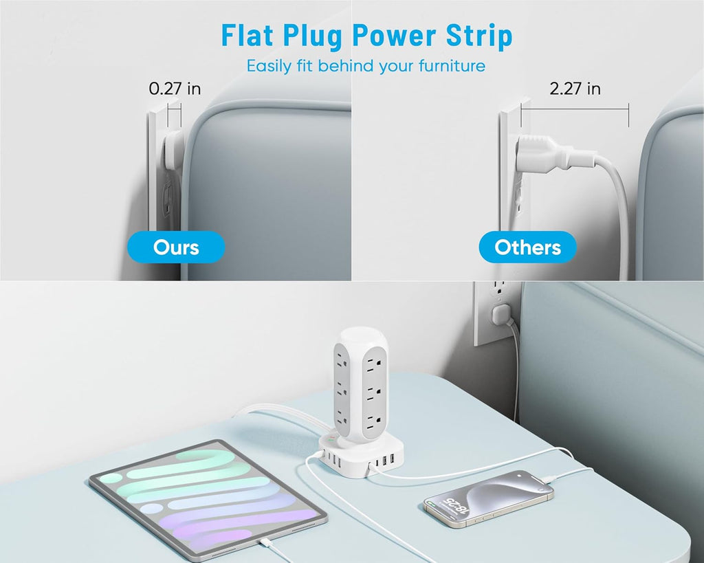 Tower Power Strip with Surge Protection, Flat Plug Outlet Extender with 12 AC Outlets & 8 USB Ports, 5 FT Extension Cord with Multiple Outlets, 24W Total Charging Station for Home Office Dorm Room