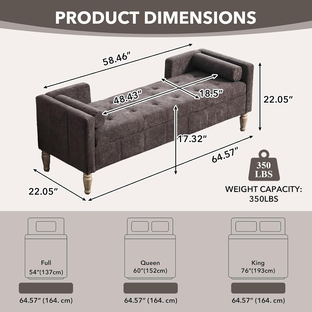 NIOIIKIT 65" Corduroy Upholstered Storage Ottoman Bench with Pillows Coffee | Large Entryway Bench with Wood Leg, End of Bed Bench with Straight Armrest, Window Bench for Bedroom, Living Room