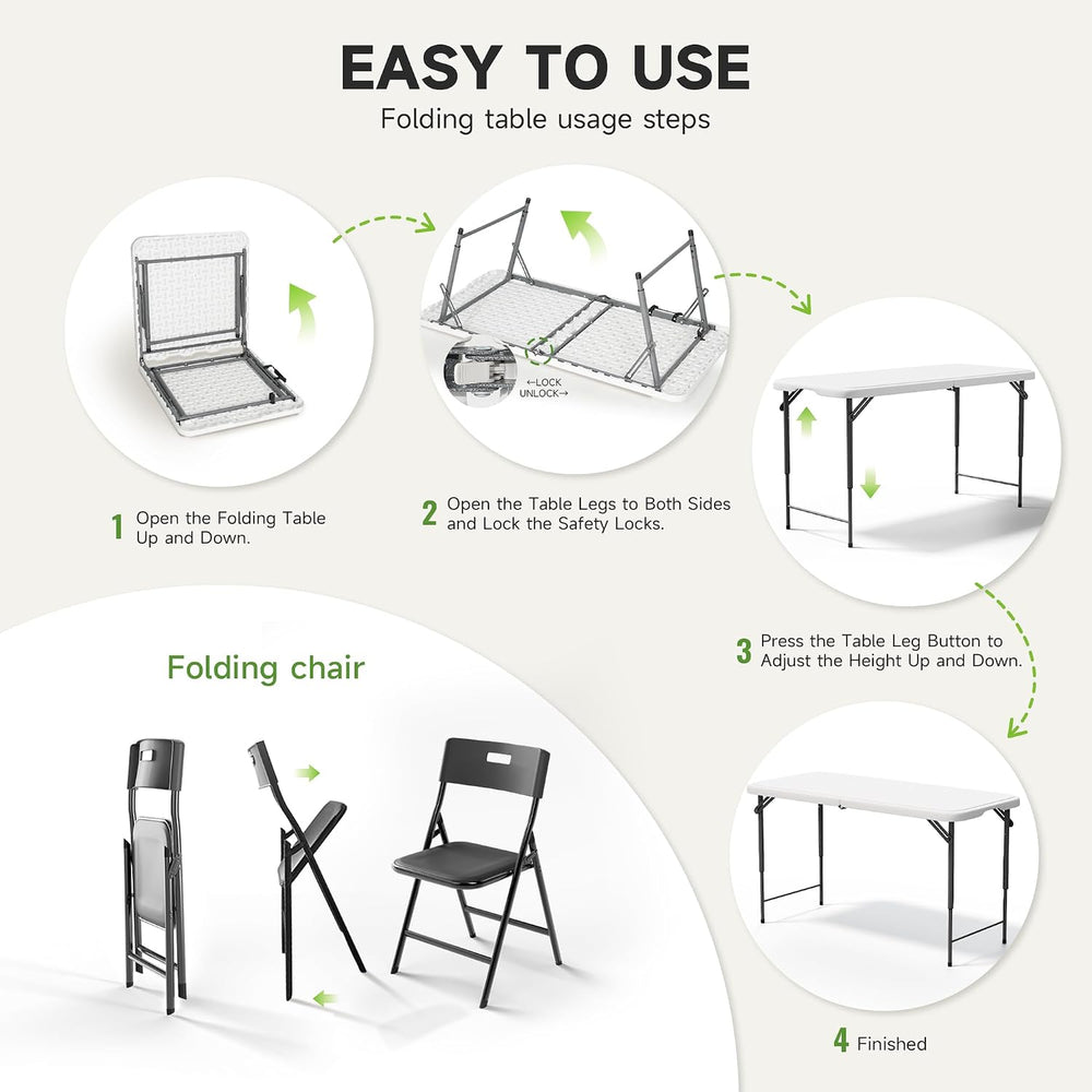 4FT Folding Table Set with 4 Folding Chairs, Heavy Duty 400 lbs Table & 3...