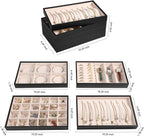 LANDICI Stackable Jewelry Organizer Trays 4 Set,PU Leather Jewelry Organizer Drawer,Jewelry Storage Display Tray for Earring Necklace Rings Bracelet with Removable Dividers,Black