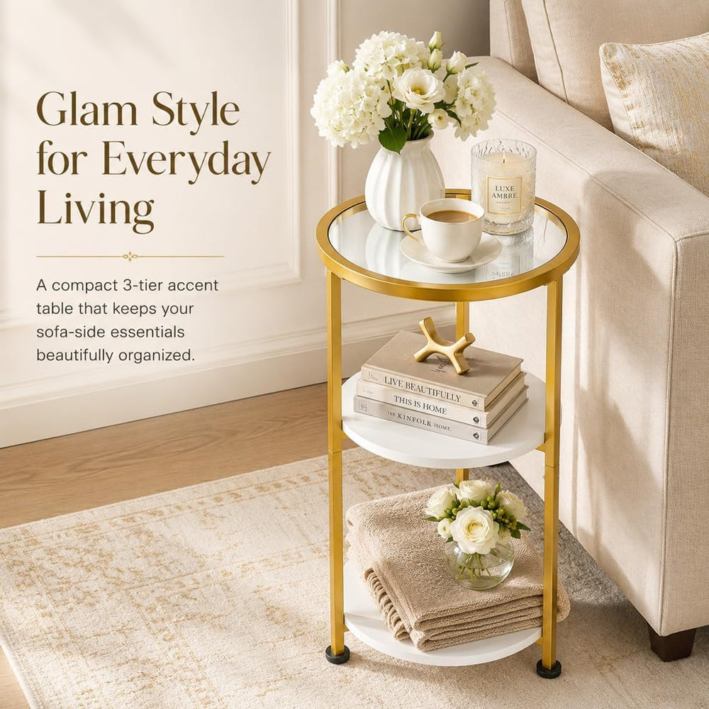 Glass Side Table, Tempered Glass Small Round Side Table with 3-Tier Storage S...