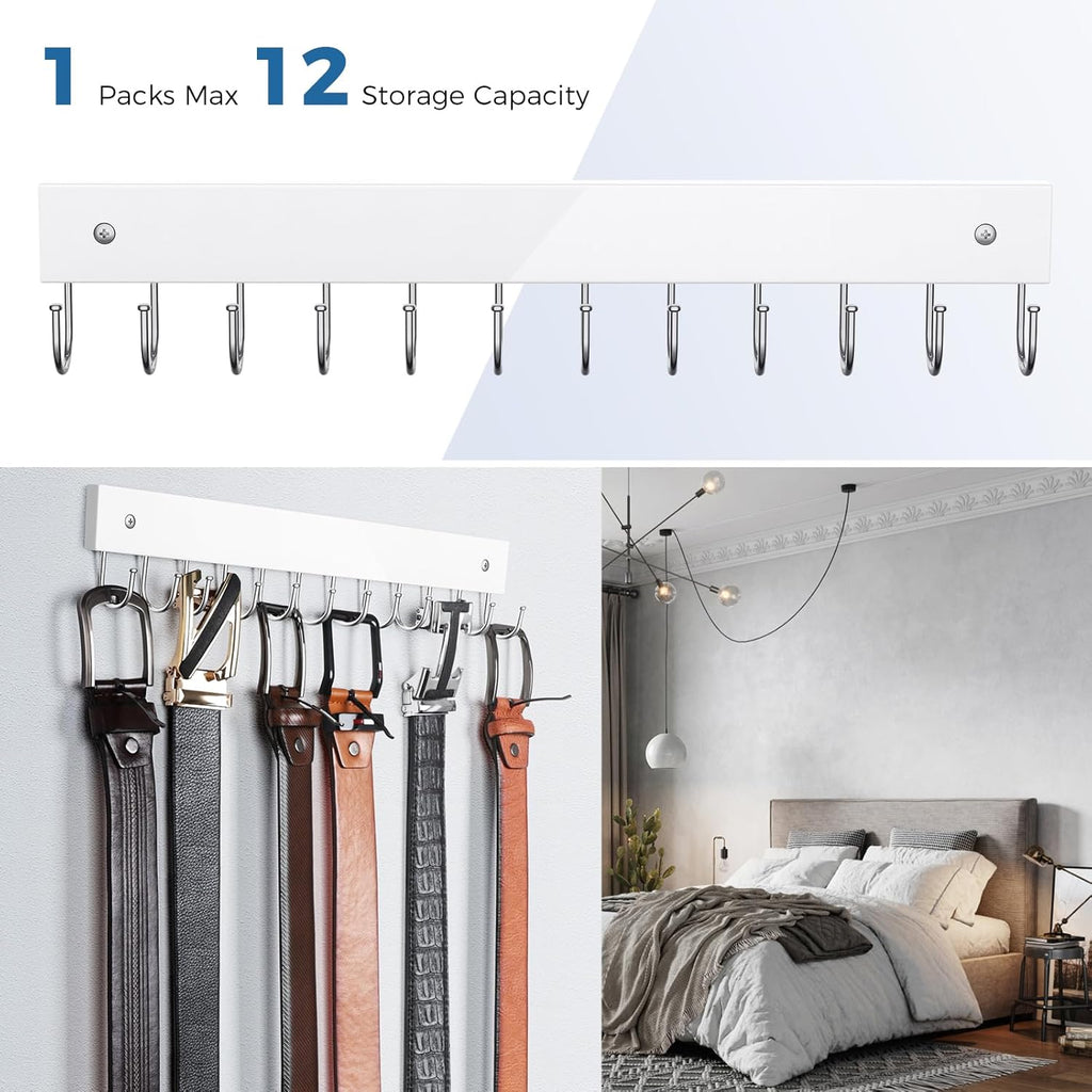 Belt Hanger Wall Mounted, Wooden Belt Organizer Max 12 Storage Capacity, 180° Rotating Space Saving Hangers for Ties, Tank Tops, Scarves, Bras, Keys, Bags White 1 Pack