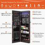 GISSAR Full Length Mirror Jewelry Cabinet, 6 LEDs Jewelry Armoire Wall Mounted Over The Door Hanging, Jewelry Organizer Storage with Lights Lockable, Brown, 14.6" x 47.2"