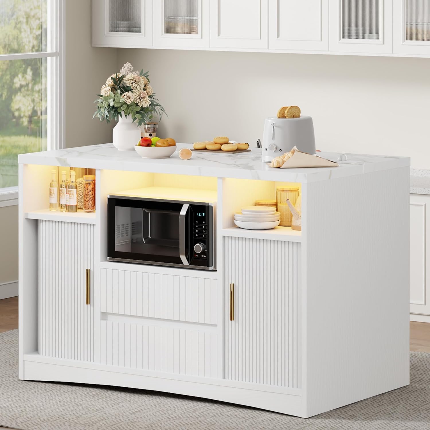 Kitchen Island with Storage, Island Table for Kitchen with Power Outlet & LED Light, Rolling Buffet Cabinet with Fluted Sliding Door, 2 Drawers, Large Countertop, White