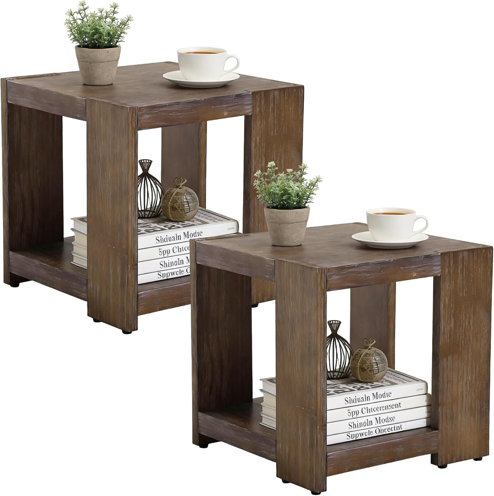 2-Tier Side Table for Living Room Set of 2, Rectangular End Table with Open S...