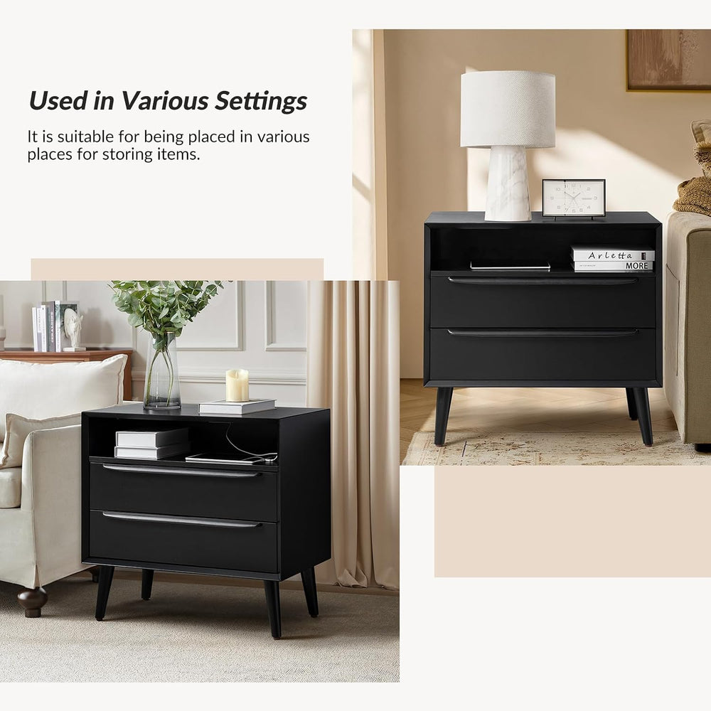 Mid-Century Modern End Table Set of 2 with Charging Station, 2 Drawers & ...
