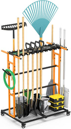 CCCEI Garage Organization with Wheels, Outdoor Gargen Yard Shed Tools Organizer Cart, Home Storage for Cleaning Supplies, Broom Holder, for Shovel and Rake, Long Farming and Farming Tools, Orange.