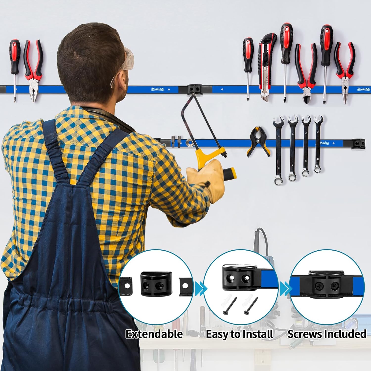 4 Pieces 24" Magnetic Tool Holder Strip, Blue Magnet Bar, Metal Tool Organizer Rack for Garage Organization, Easy To Install in Workshop, Mounting Screws Included
