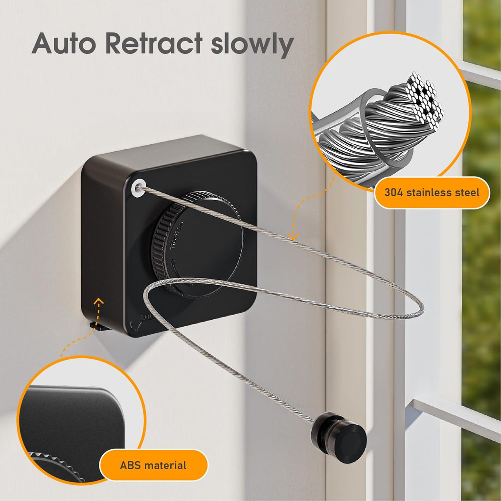 Retractable Heavy Duty Clothesline - Wall Mounted Indoor and Outdoor Laundry Drying Solution, 15.7ft Anti-Sagging Stainless Steel Rope (Black)
