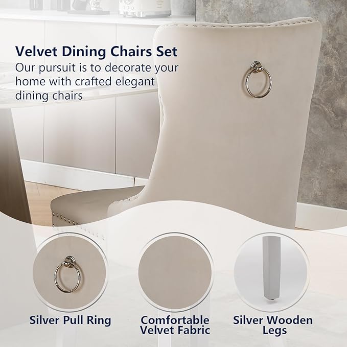 Velvet Dining Chairs Set of 2, Kitchen & Dining Room Chairs, Upholstered Dining Chairs with Back Ring Pull and Silver Solid Wood Legs, Modern Tufted Kitchen Chairs for Dining Room, Cream