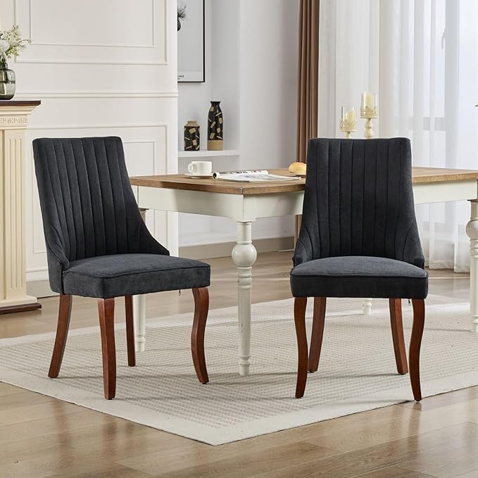 Dining Chairs Set of 2,Comfy Fabric Upholstered Accent Chairs for Kitchen Living Room,Channel Tufted Dining Room Chairs with Curved Solid Wood Legs(Black)