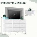 TV Stand with LED Lights & Charging Station, 9 Fabric Drawers Dresser | Entertainment Center for TV up to 55 inch Wooden Media Console Table Storage Organizer for Living Room, Bedroom, White