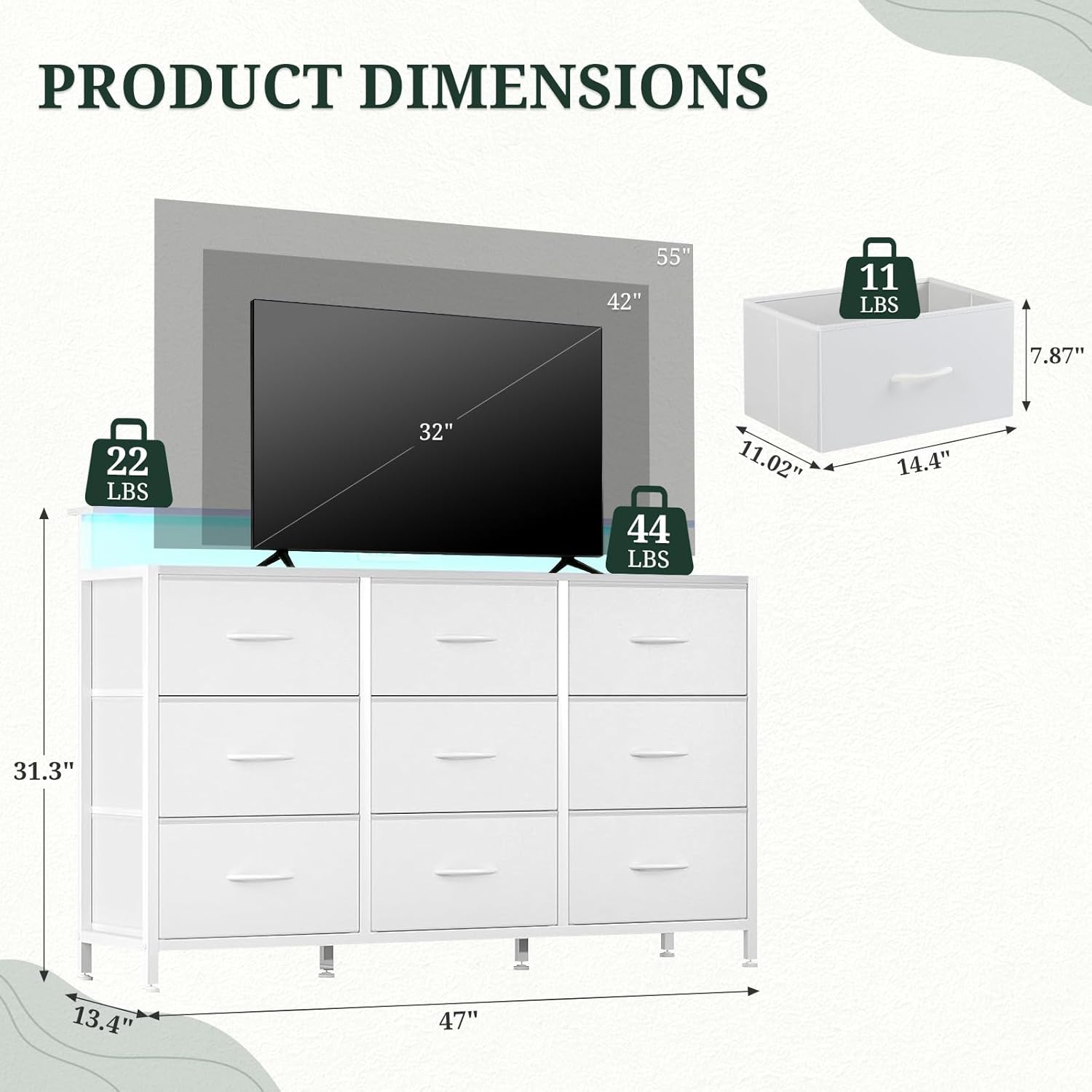 TV Stand with LED Lights & Charging Station, 9 Fabric Drawers Dresser | Entertainment Center for TV up to 55 inch Wooden Media Console Table Storage Organizer for Living Room, Bedroom, White
