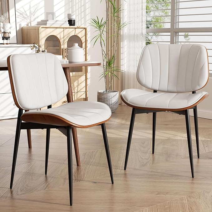 Dining Chairs Set of 4, Mid Century Modern, Upholstered Faux Leather, Walnut Bentwood Back, Metal Legs, White