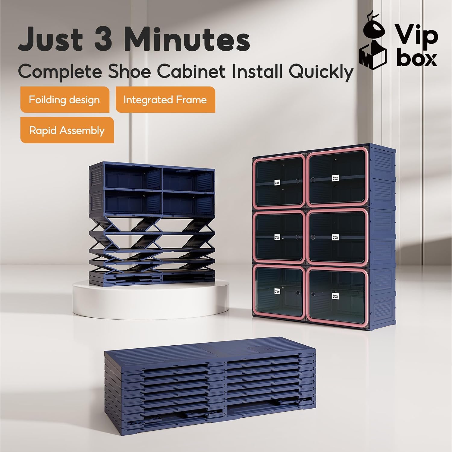 No-Assembly Shoe Organizer, Foldable Shoe Storage Cabinet with Reinforced Framed Doors, 8-Tier Integrated Shoe Box, Modern Blue & Pink Space-Saving Shoe Rack for Closet & Entryway, Size 12
