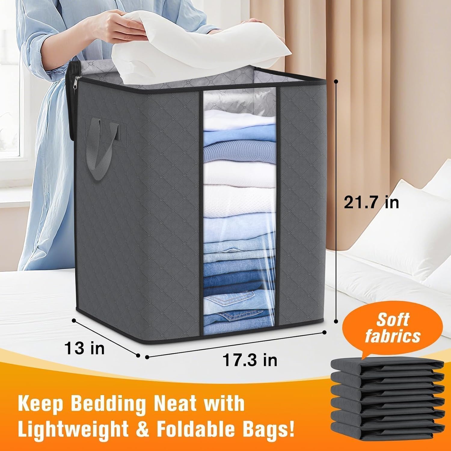 6 Pack Clothes Storage Bags 80L Blanket Storage Containers with Window Grey | Large Comforter Organizer for Closet, Bedding, Quilts, Sheets and Pillows, Foldable Storage Bags for Home Organization