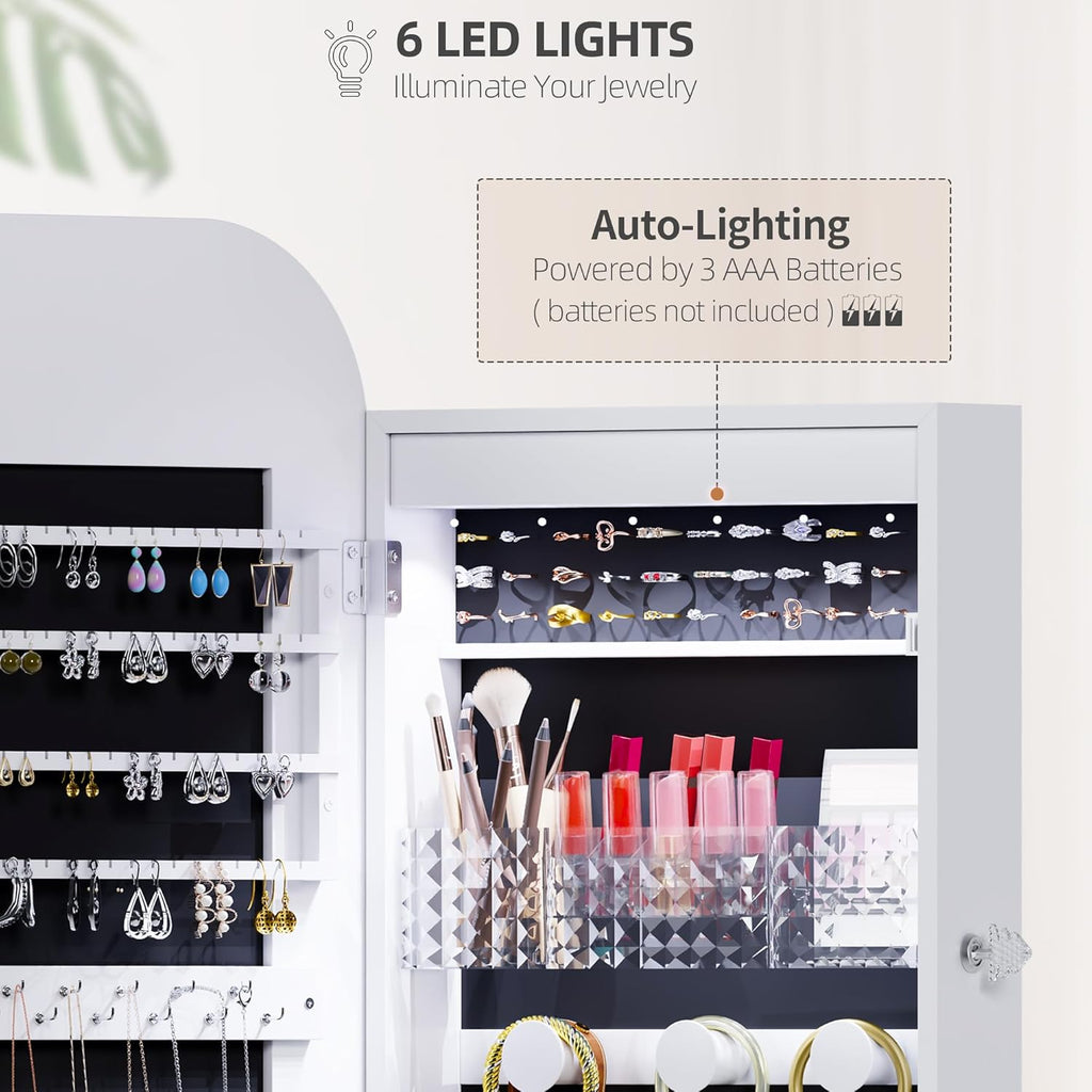 6 LED Mirror Jewelry Cabinet - Wall/Door Mounted Armoire with Large Capacity, Lockable, 14 Dimmable Lights + Adjustable Full-Length Standing or Hanging, White - Cosmetic Storage Organizer, Gift Idea