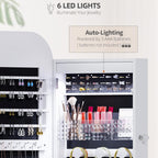 6 LED Mirror Jewelry Cabinet - Wall/Door Mounted Armoire with Large Capacity, Lockable, 14 Dimmable Lights + Adjustable Full-Length Standing or Hanging, White - Cosmetic Storage Organizer, Gift Idea