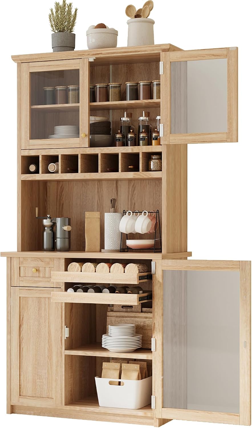 Farmhouse Freestanding Buffet with Hutch, Tall Kitchen Pantry with Wine Rack ...