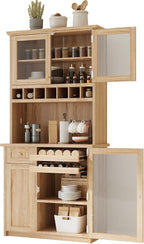 Farmhouse Tall Kitchen Pantry Storage Cabinet with Hunch, Freestanding Buffet Cabinet with Wine Rack and Adjustable Shelves for Kitchen, Dining Room (Natural)