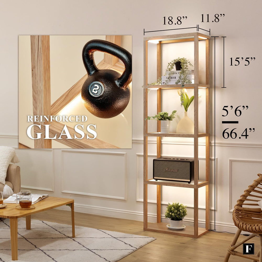 FENLO Fantasy Plus 66" Luxury Glass Display Shelf, Rustic Wood | Dimmabl...