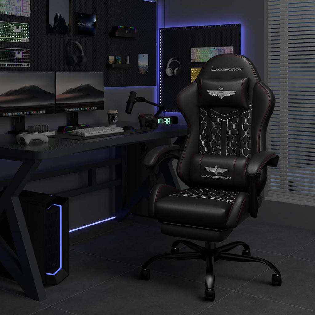 Gaming Chair, Heavy Duty Ergonomic Computer Gaming Chairs, High Back Video Game Chairs, 400 lbs Lumbar Support Linked Armrests Adult sillas Gamer with Retractable Footrest (Black)