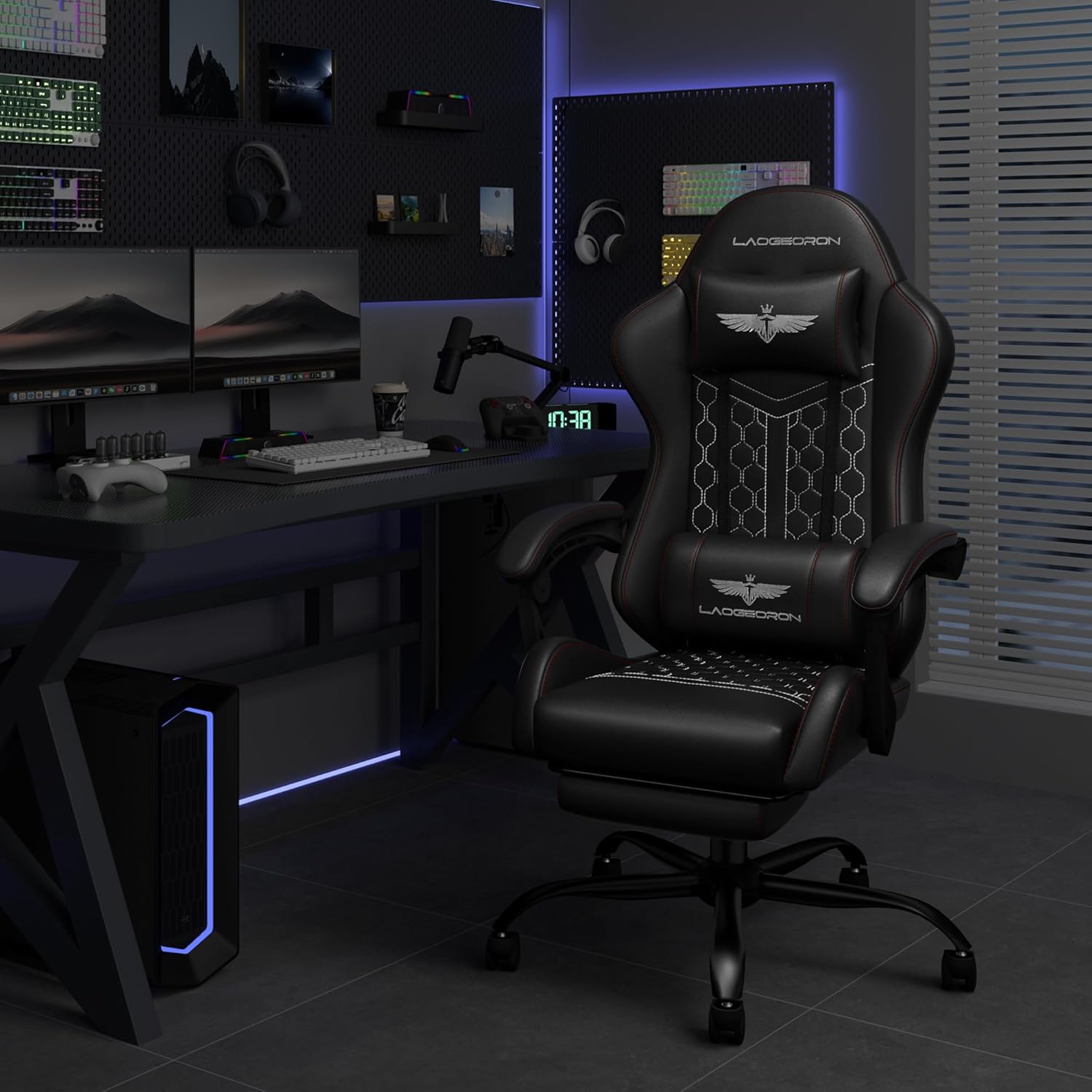 Gaming Chair, Heavy Duty Ergonomic Computer Gaming Chairs, High Back Video Game Chairs, 400 lbs Lumbar Support Linked Armrests Adult sillas Gamer with Retractable Footrest (Black)