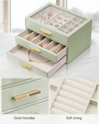 VLANDO Jewelry Box for Women, Glass Lid Jewelry Organizer with 3 Drawers for Necklaces Rings Earrings Bracelets - Sage Green