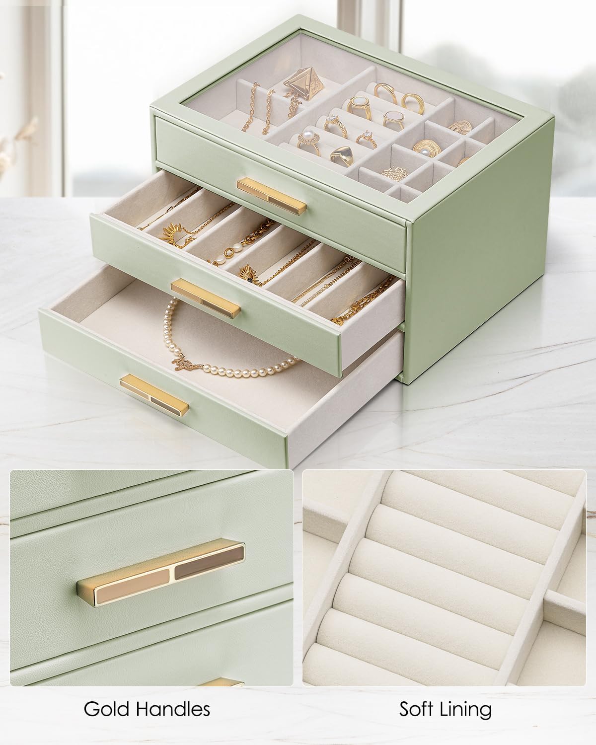 VLANDO Jewelry Box for Women, Glass Lid Jewelry Organizer with 3 Drawers for Necklaces Rings Earrings Bracelets - Sage Green