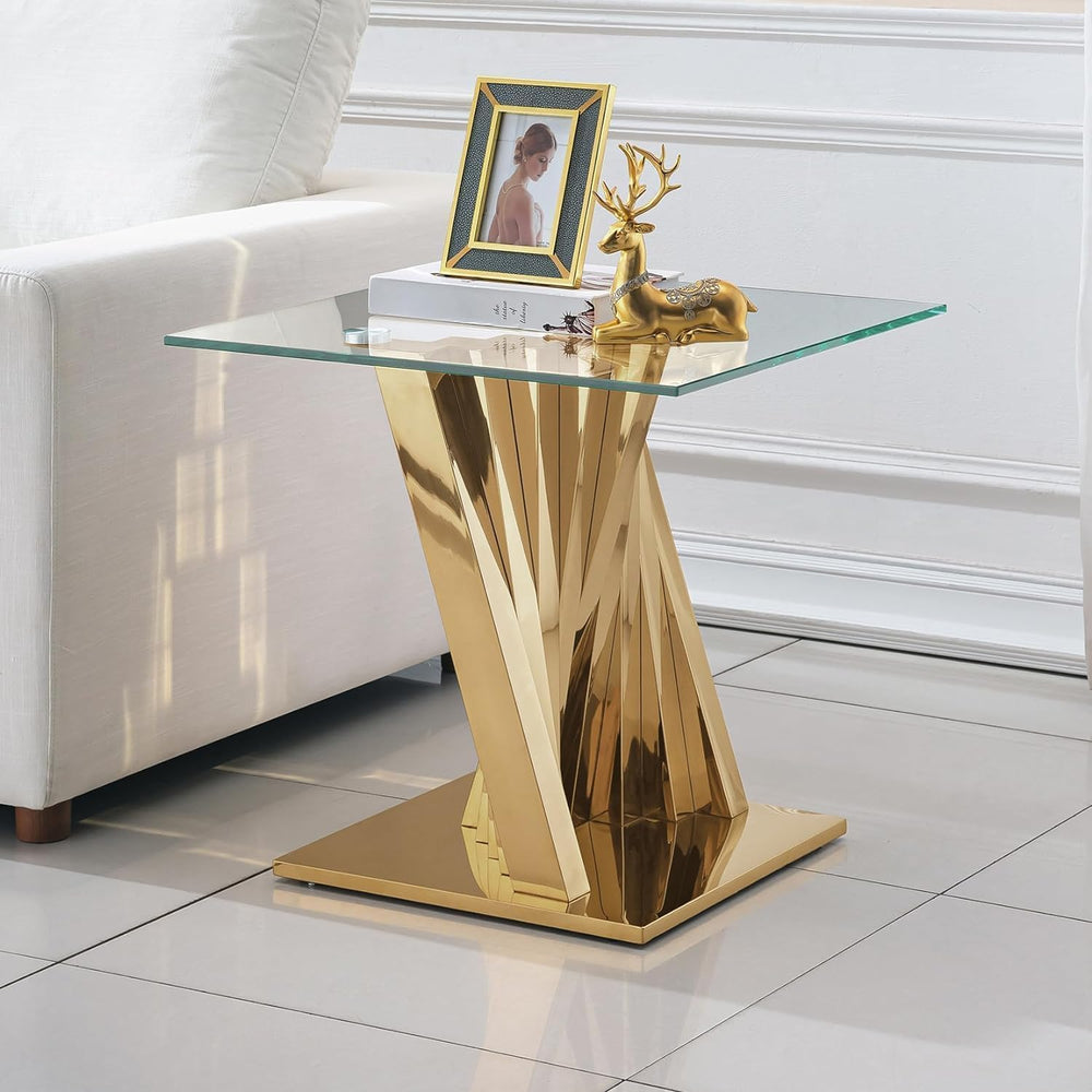 3 Piece Gold Living Room Table Set, Rectangular Modern Glass Coffee Table, Co...