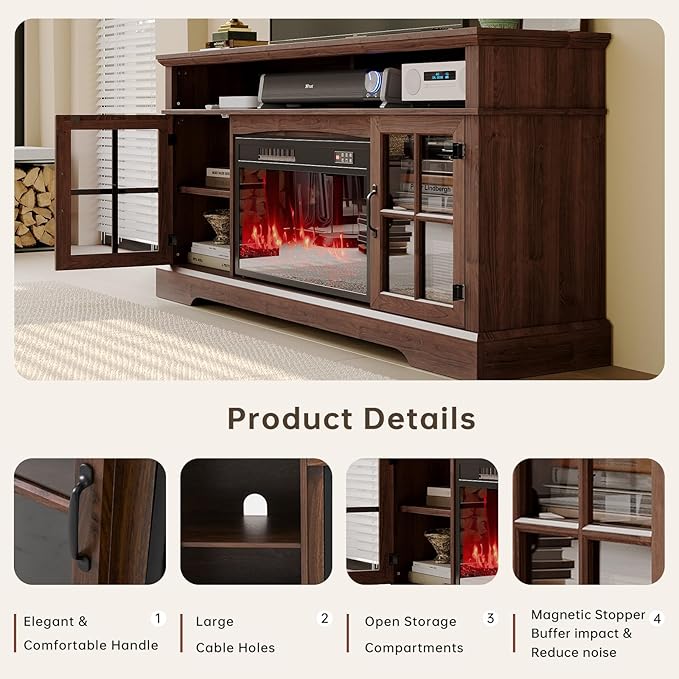 58" Farmhouse TV Stand with 23" Fireplace for TVs up to 80", Media Entertainment Center with Adjustable Shelves and Large Storage Cabinets, for Living Room, Brown & Black