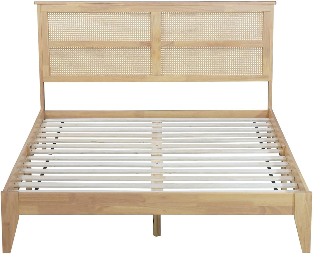 Queen Size Boho Platform Bed Frame with Rattan Headboard