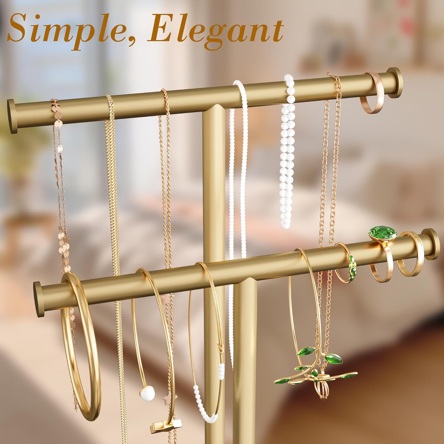 Gold Necklace Rack Stand with Storage Tray - 2 Rods T-Shaped Jewelry Holder Stand for Bracelets, Earrings, Rings | Elegant Vanity & Dresser Top Storage for Women.
