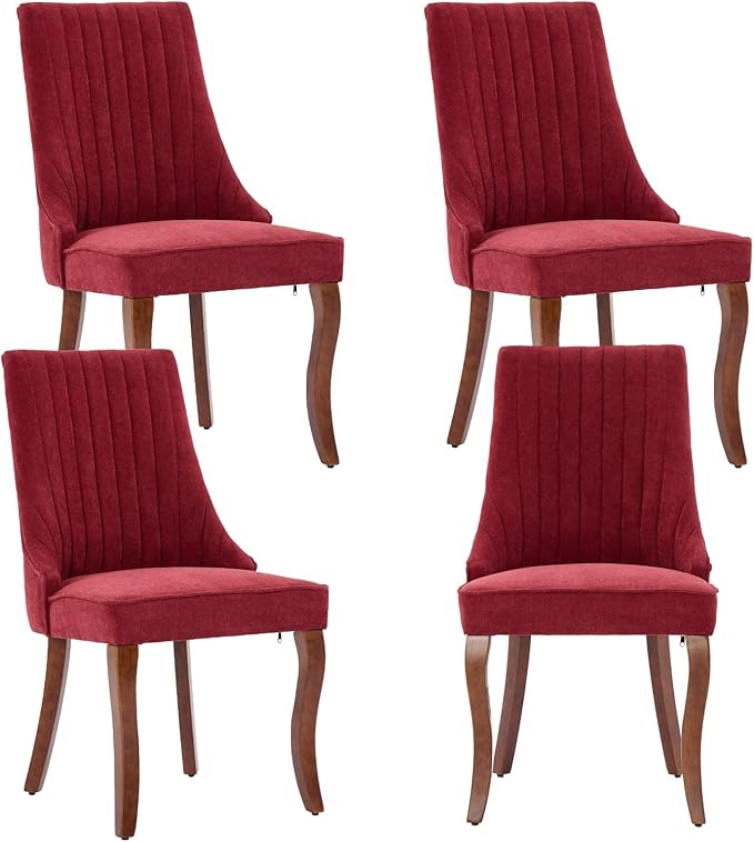 Dining Chairs Set of 4,Comfy Fabric Upholstered Accent Chairs for Kitchen Living Room,Channel Tufted Dining Room Chairs with Curved Solid Wood Legs(Wine Red)