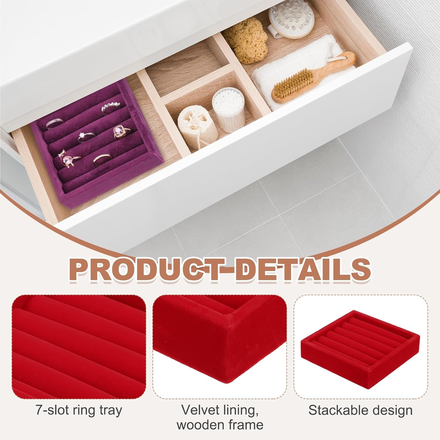 uxcell Stackable Jewelry Storage Tray, Jewelry Tray Drawer Organizer, Small Display Box for Earrings, Necklaces, Rings and Bracelets, Red