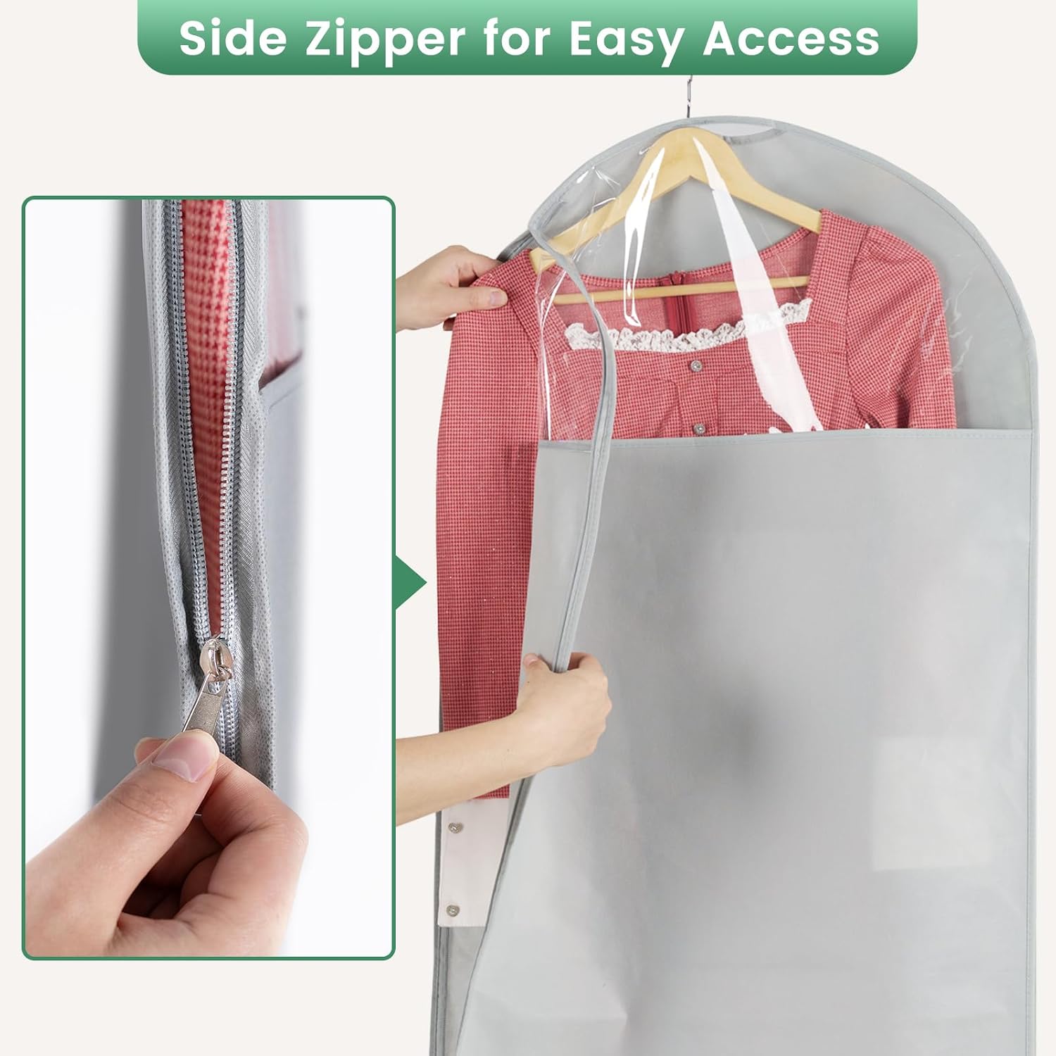 Carbrea 66" Garment Bag for Hanging Clothes, Dress Bags for Gowns, 2 Pack | Heavy-duty Materials, With Clear Window, Side Zipper for Easy Access, Ideal for Closet Wardrobe Storage, Travel Use